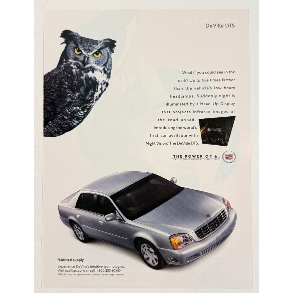 Vintage 2000 Cadillac DeVille Great Horned Owl Car Advertisement Print Ad